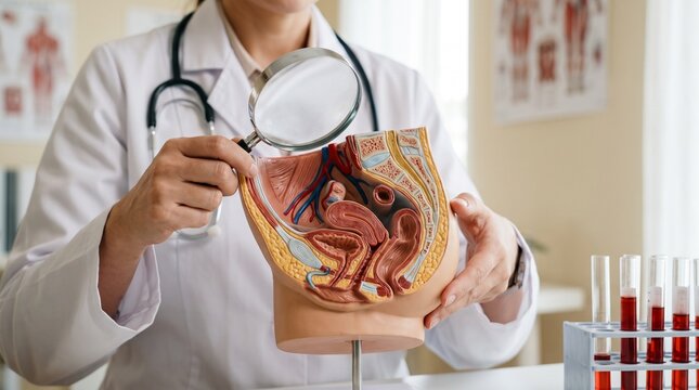 Doctor examining anatomical model for medical education. 