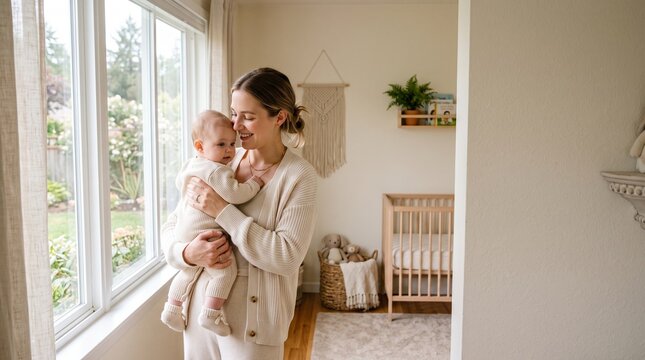 Mother holding baby near window in bright home. 