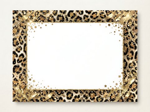 Leopard print background with gold glitter frame and confetti