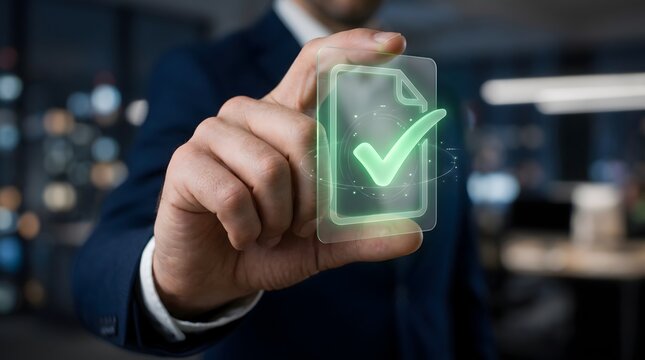 Businessman hand holding transparent card with glowing green document checkmark icon. Concept of digital signature, quality assurance, and compliance.