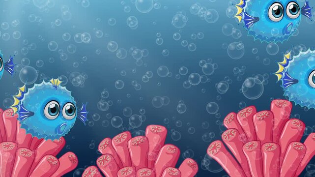 Animated Blue Puffer Fish Swimming Over Pink Coral Reef Loop