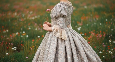 Obraz premium Elegant bride in an ornate vintage wedding gown standing gracefully in a blooming wildflower meadow, creating a romantic and timeless bridal scene