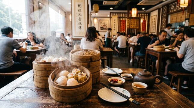 Eye-level full shot of steaming bamboo dim sum steamers with siomay and har gow on wooden table in busy Chinese restaurant with teapot and tea cup, authentic dim sum, Asian dining, and cultural