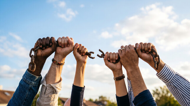 Diverse hands breaking heavy chain links symbolizing unity freedom strength with link together against against blue sky multiple hands collaboration