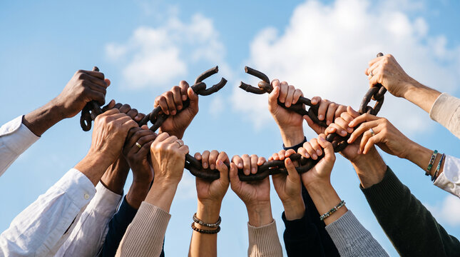 Diverse group of hands working together to break heavy rusty chain against blue sky representing unity with different hands collectively captures multiple different