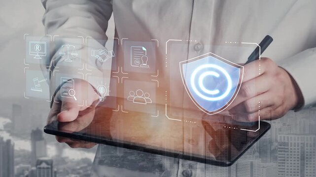Digital copyright protection system showing secure ownership, intellectual property rights, content verification, and legal warning icons for creators and publishers Marrow