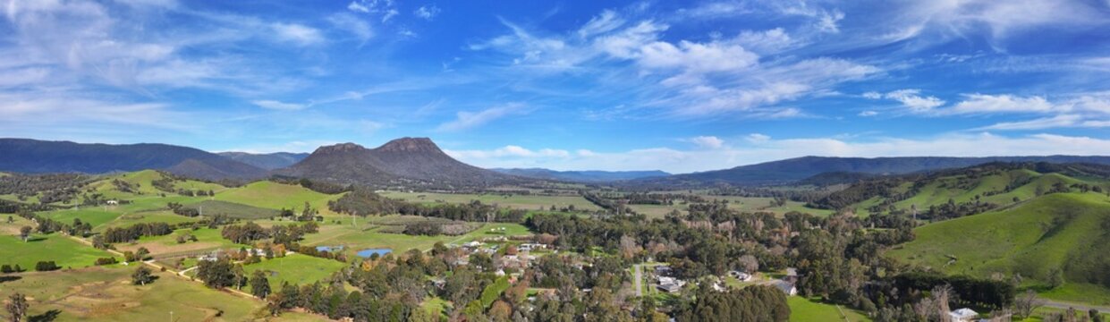 Spectacular aerial Panorama of Taggerty and Cathedral Mountain Victoria Australia