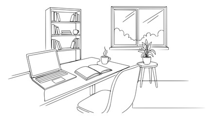 Fototapeta premium Cozy Home Office Sketch: Desk with Laptop, Books, Coffee, Window View