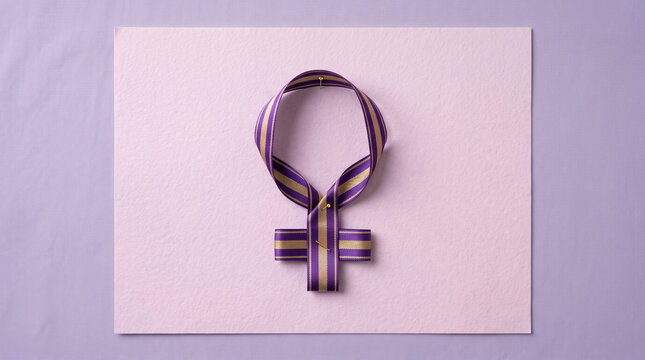 Purple and gold striped ribbon shaped as venus symbol on textured paper with displays purple feminine power ribbon formed womens day copy space
