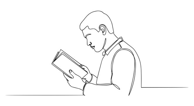 Continuous line drawing of man reading book, isolated on transparent background