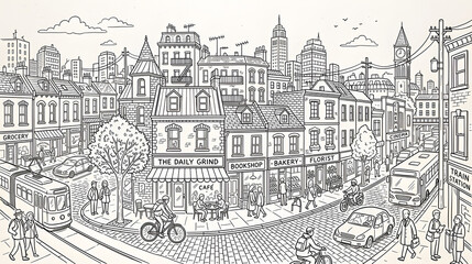 Obraz premium Detailed monochrome illustration of a historic European-style city featuring classical buildings, bridges, rivers, and urban architecture in a vintage engraving style.