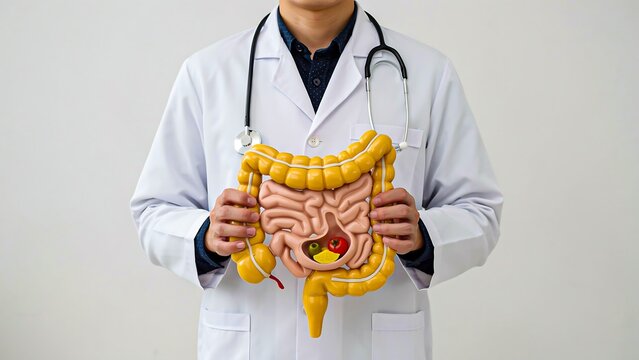 Doctor holding human digestive system model for gastrointestinal healthcare and medical education