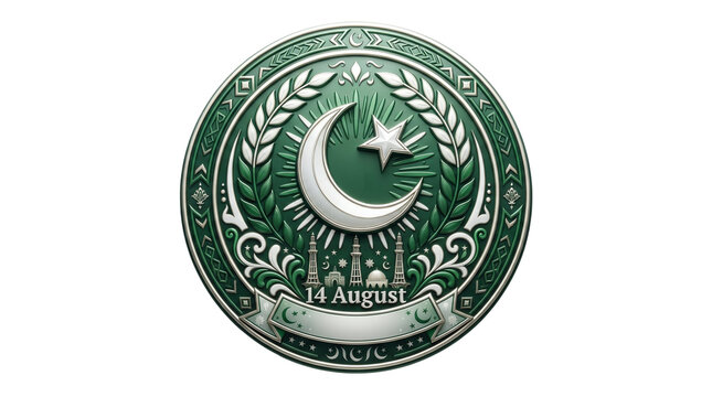 Elegant Pakistan Independence Day commemorative emblem featuring crescent star and national monuments decorative badge isolated on white background