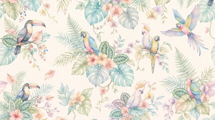 Fototapeta premium Watercolor seamless pattern with pastel tropical birds toucan, cockatoo, parrot, monstera leaves, and orchid flowers for vintage nursery wallpaper and fabric design