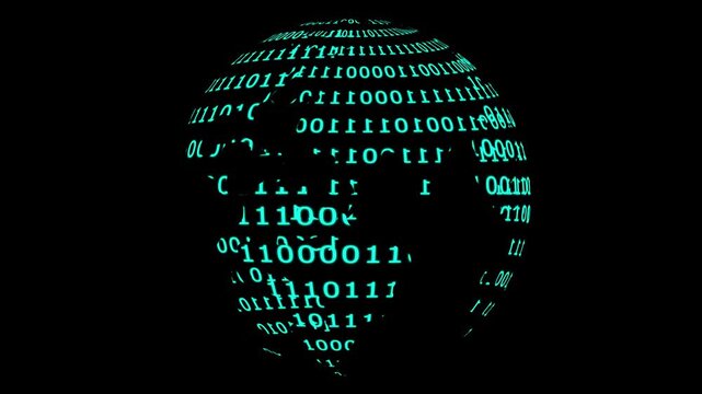 Digital binary code globe rotating animation, abstract technology background, for data science, and global network, communication concepts