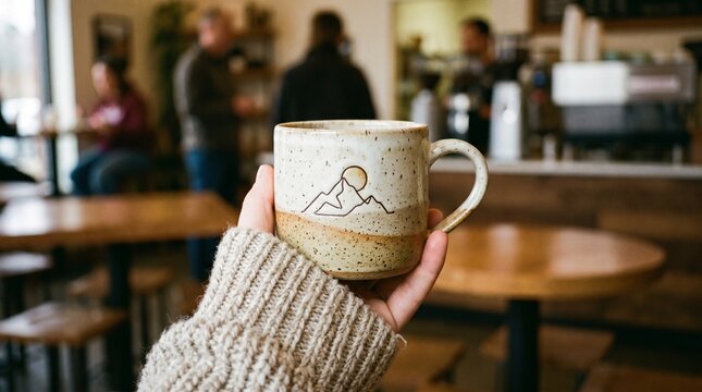 Cozy Morning Brew: A hand in a chunky knit sweater cradles a rustic ceramic mug adorned with a mountain and sun design, set against the warm, inviting ambiance of a cafe.