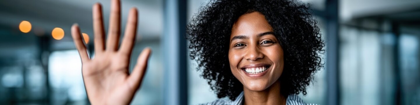 Community engagement commercial banner showing energetic woman looking out with enthusiastic ecstatic smile reaching hand forward.