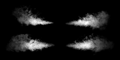 Fototapeta premium Four white smoke jets isolated on black background with swirling fog and vapor texture, ideal for VFX overlays, cinematic effects, motion graphics, advertising and creative compositions.