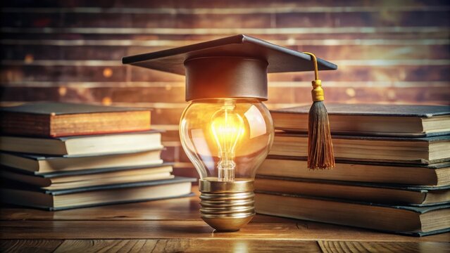 Graduation Concept with Light Bulb and Books on Wooden Table