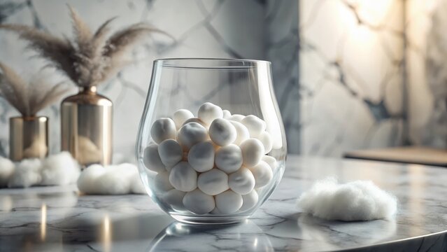 Decorative Glass Container Filled with White Cotton Balls on Table