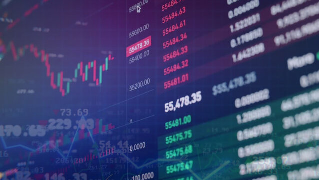 A detailed financial data monitor with a cursor, red and green cryptocurrency order book charts, and live cryptocurrency price tickers illustrates asset value fluctuations, electronic market analytics