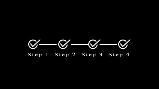 Animated four-step progress bar with checkmarks on black background, for business infographics, steps process