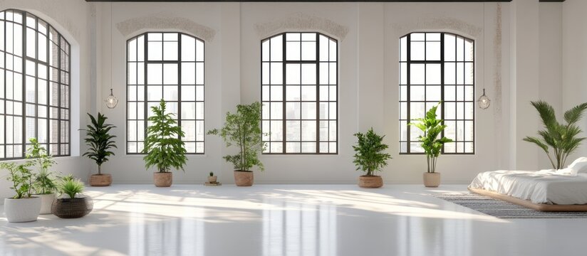 Bright loft bedroom with large windows and plants