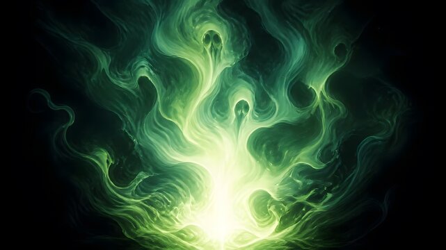 Glowing green ectoplasm smoke rising in dark mysterious chamber