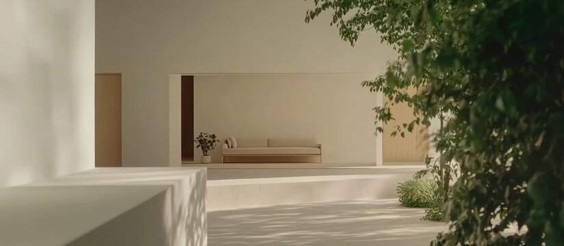 Minimalist home interior sunlit lounge, garden view