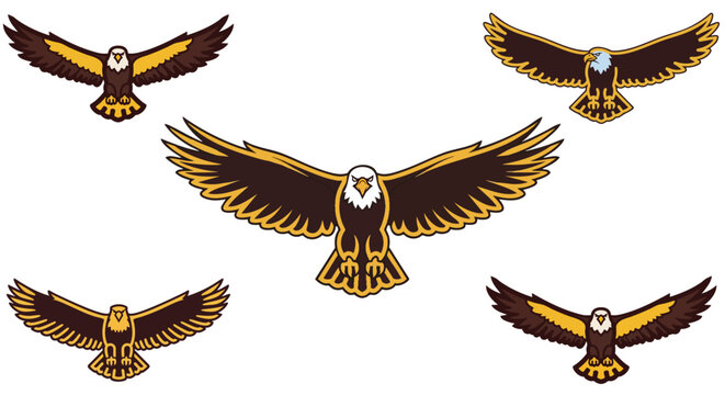 Majestic eagle mascot vector set, soaring bald eagle illustrations with spread wings, patriotic bird of prey emblems for sports branding and logos