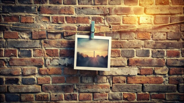 Photo on Wall with Brick Background and Wooden Clip Displaying Image