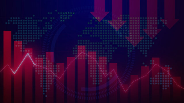 A bearish financial stock market chart with downward red bar graphs, falling arrows, and a digital world map overlay illustrates global economic recession, market decline, and financial asset losses.