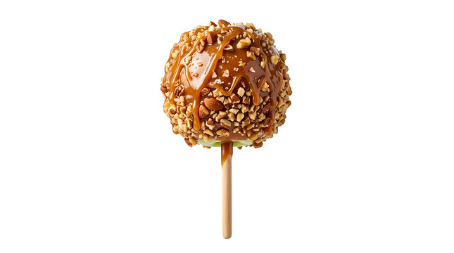 Caramel apple covered in nuts and caramel drizzle on stick as sweet autumn snack.