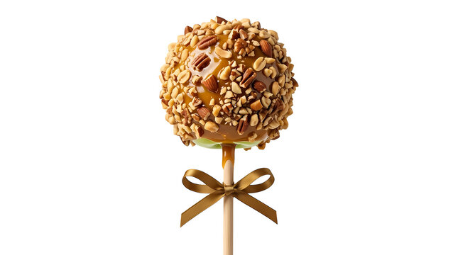 Caramel apple on stick covered in nuts and caramel drizzle with bow for fall treat.
