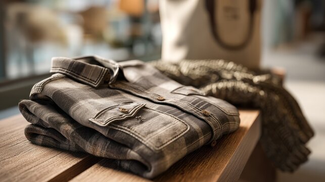 A folded checkered shirt sits atop wooden surface, with a knitted shawl and tote bag blurred in background
