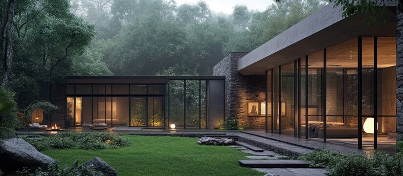 Modern house, forest setting, evening light, serene garden, real estate