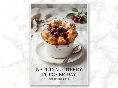 A delicious cherry popover served in a white ramekin on a plate, topped with powdered sugar and fresh cherries, celebrating national cherry popover day
