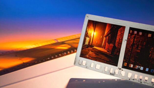 Cinematic film strips against warm sunset horizon background.