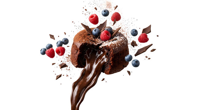 Decadent chocolate lava cake with raspberries and blueberries exploding with powdered sugar.