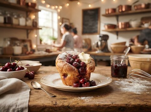 Freshly baked popover pastry filled with cherries and cream on a rustic wooden table in a cozy kitchen