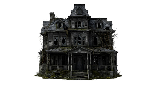 Dilapidated haunted Victorian house scary abandoned building isolated on transparent background.