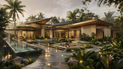 Fototapeta premium Tropical Modern Villa: A stunning contemporary villa nestled within lush tropical foliage, featuring clean lines, a water feature, and an infinity pool.