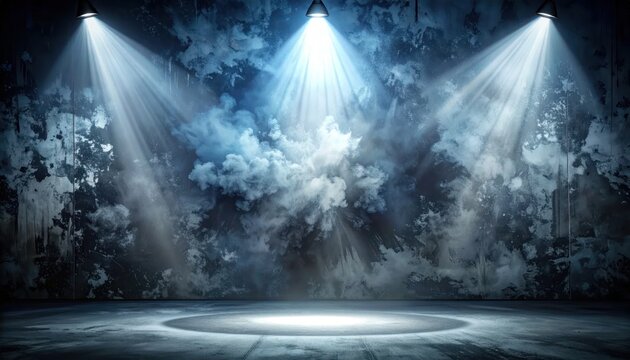 Cinematic stage lighting with heavy fog on textured wall.