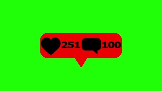 Social media engagement counter animation with increasing likes and comments on green screen