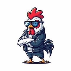 Naklejka premium Cool Rooster Character Wearing Sunglasses and Leather Jacket Rocker Mascot Illustration