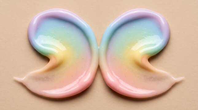A butterfly-shaped swirl of pastel cosmetic cream, featuring a rainbow gradient, creates an artistic and delicate abstract pattern.