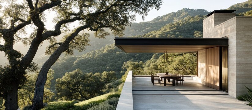 Hilltop modern patio, dining area, mountain view, sunset