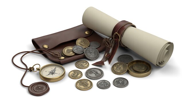 Antique compass with leather pouch and rolled parchment scroll featuring ancient metal coins on white background