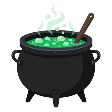 Halloween witch cauldron with bubbling green potion, black cast iron pot with wooden spoon, spooky magic brew with steam and bubbles vector isolated on White Background halloween