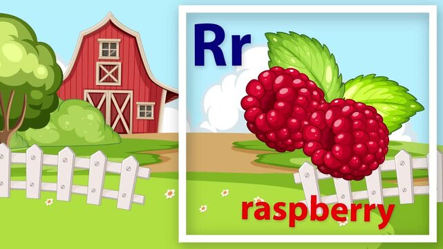 Educational Alphabet Animation Featuring Letter R and Raspberry on Farm Background